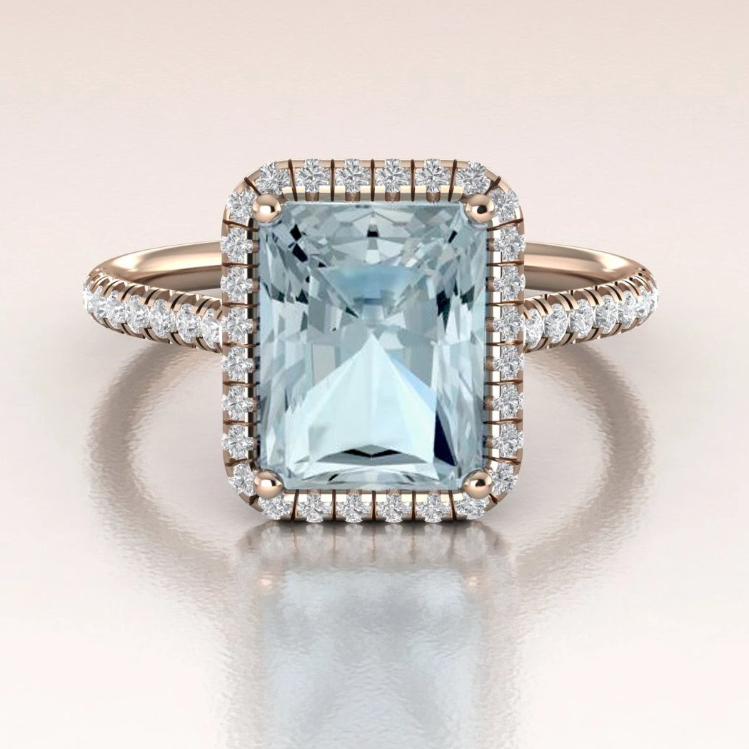 Emerald Cut Three Stone Aquamarine and Diamond Ring in White Gold by  Natalie Barney